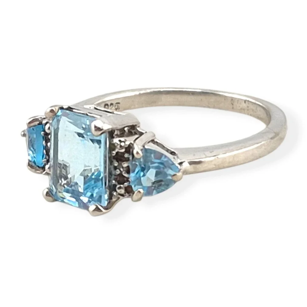 Art Deco Sterling Silver Blue Topaz CZ Three Stone Emerald Cut Ring Size 7.25